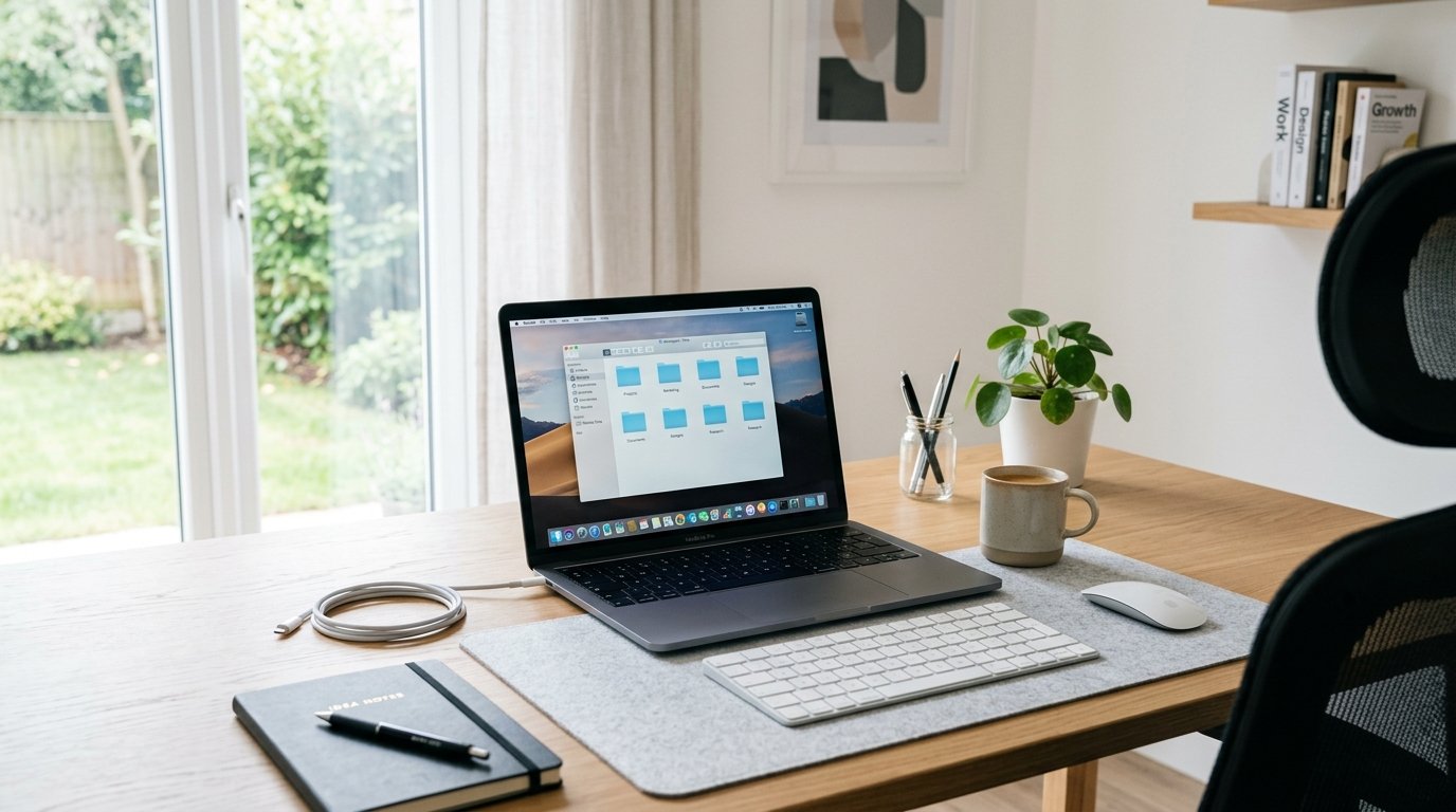 A clean, modern desk setup with a laptop displaying organized folder icons on the screen, natural lighting from a window