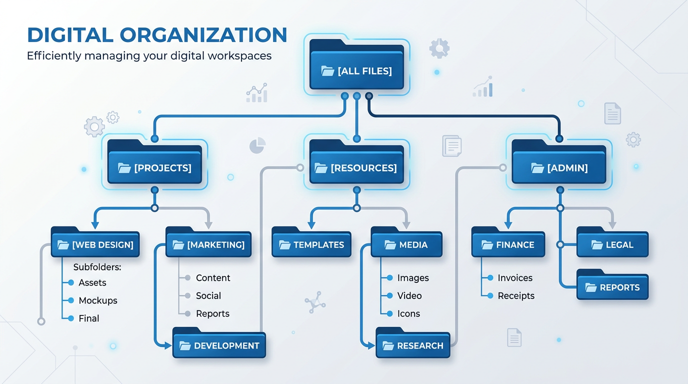 Illustration of a hierarchical folder structure displayed as a tree diagram, showing main folders branching into subfold