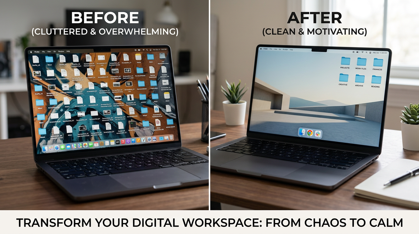 A before-and-after comparison showing a cluttered digital desktop on the left with files scattered everywhere, and a cle