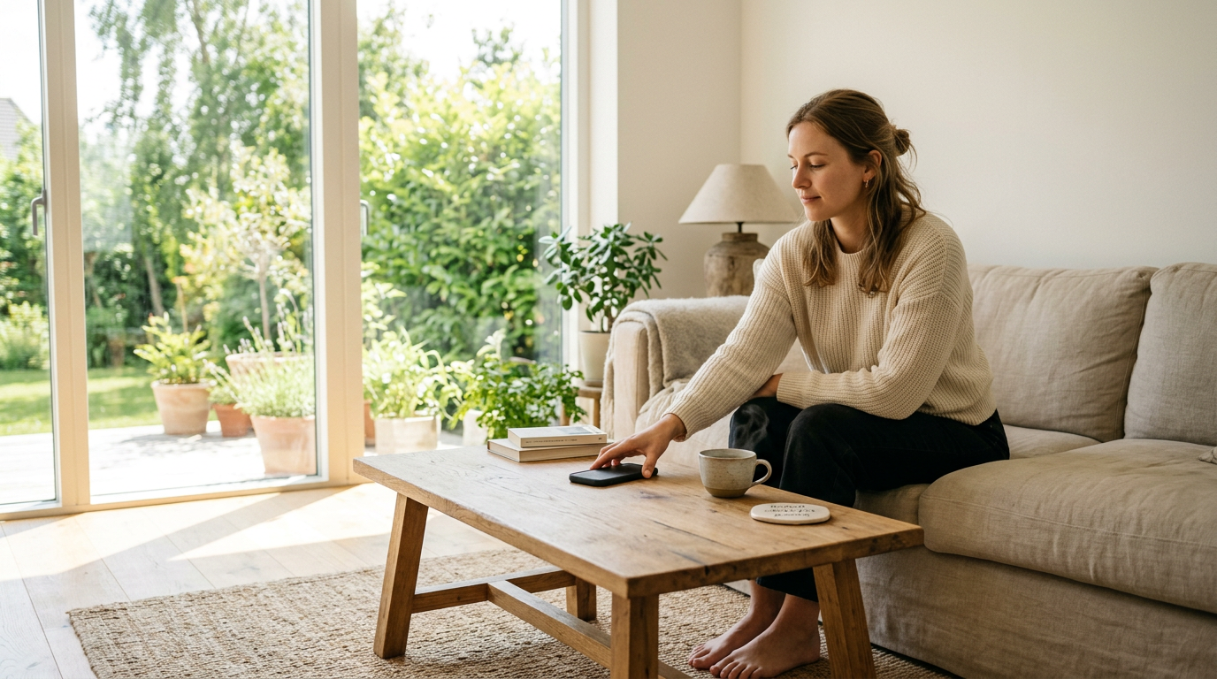 A person sitting peacefully in a bright, minimalist living room, placing their smartphone face-down on a wooden table wi