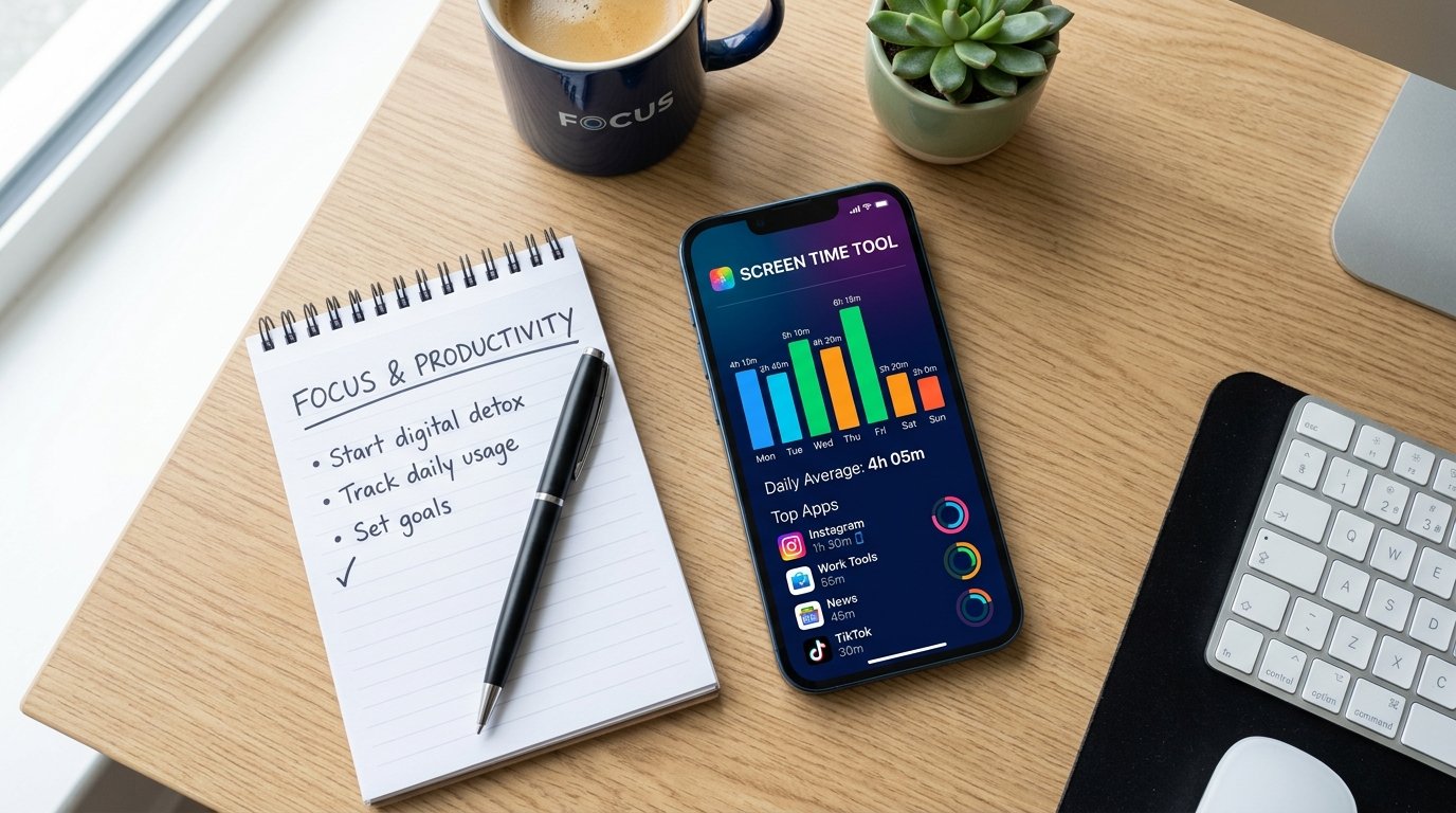 A smartphone screen displaying a colorful screen time tracking dashboard with bar graphs and usage statistics, placed on