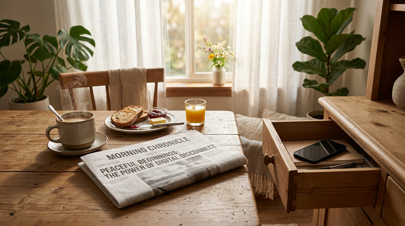 A peaceful morning scene showing a breakfast table with a physical newspaper, fresh coffee, and a smartphone placed in a
