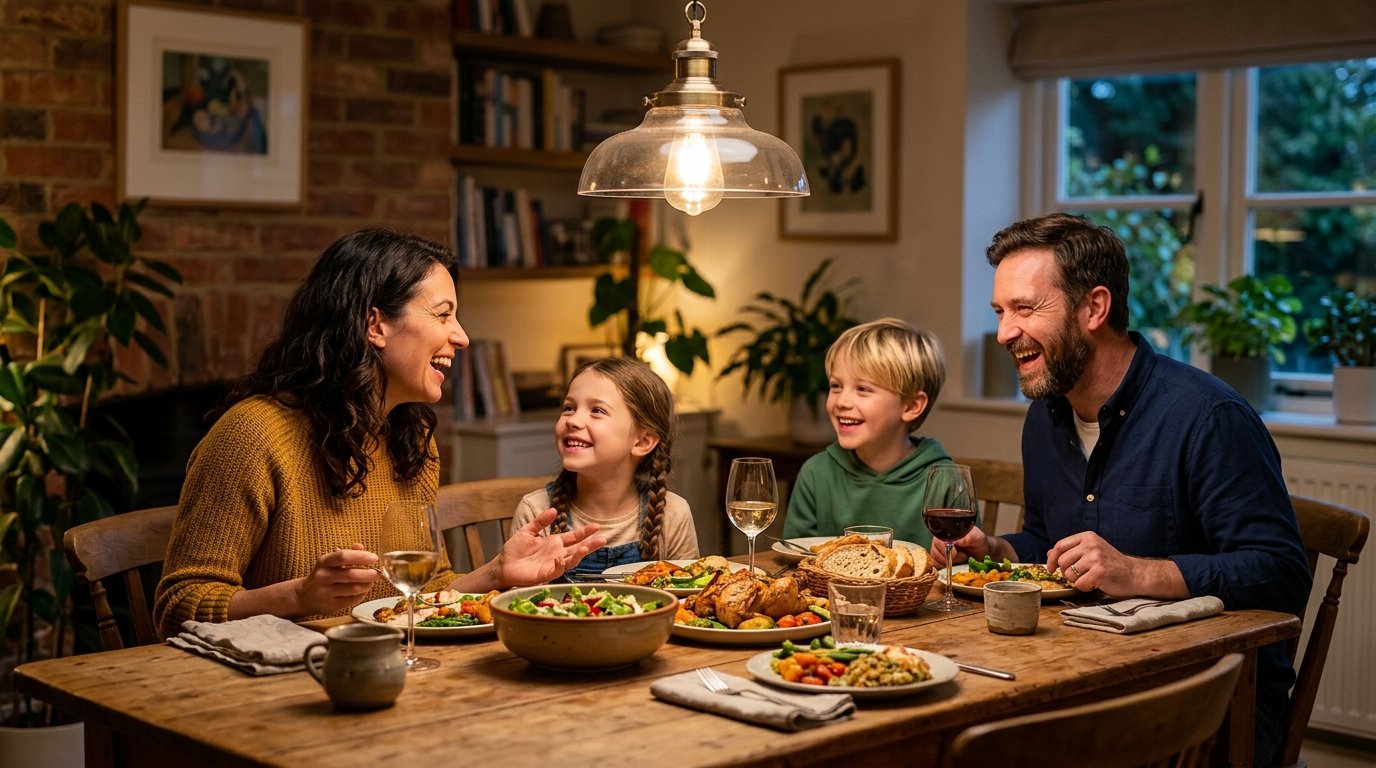 A family of four sitting together at a dining table, laughing and talking without any devices visible, warm lighting fro