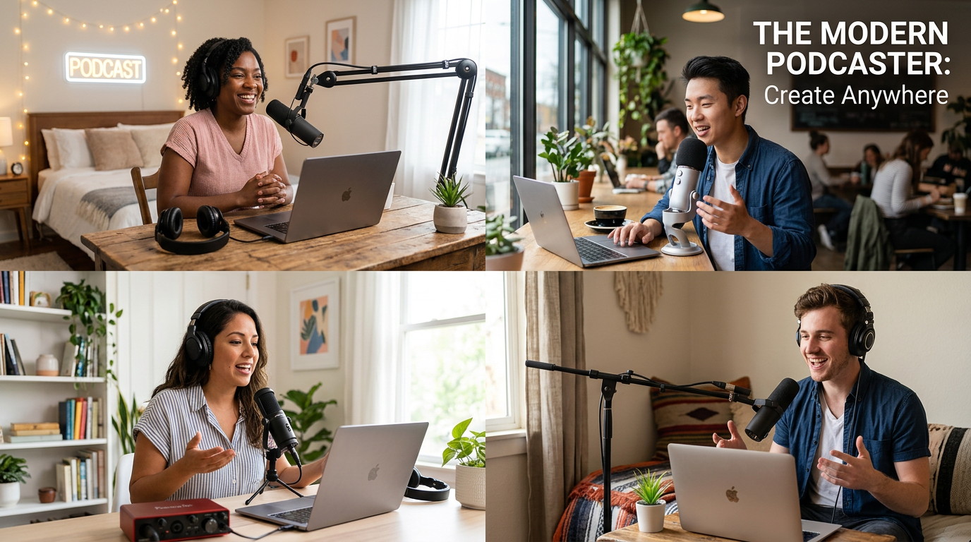 A diverse group of people recording podcasts in various settings including home offices, coffee shops, and bedrooms, eac