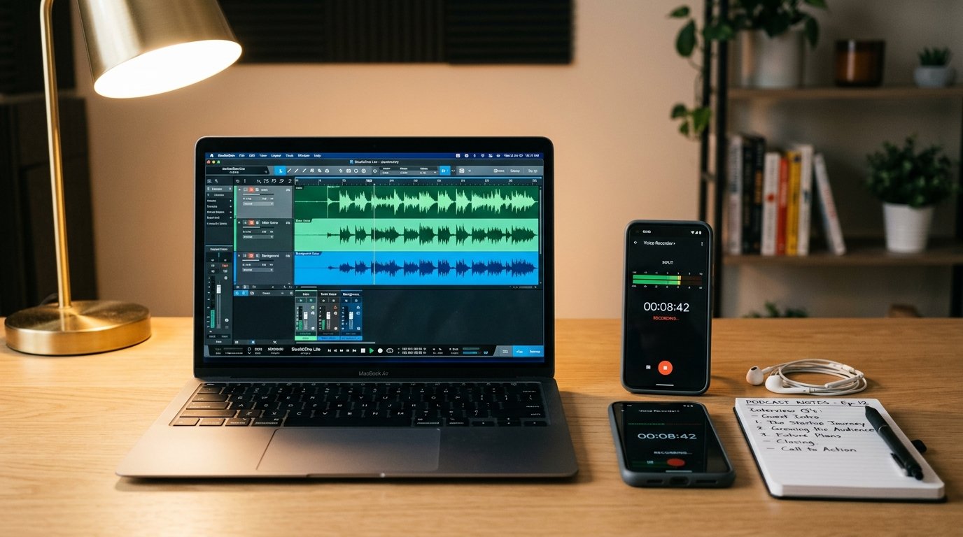 Close-up shot of a laptop screen showing free audio editing software interface with waveforms visible, smartphone with r