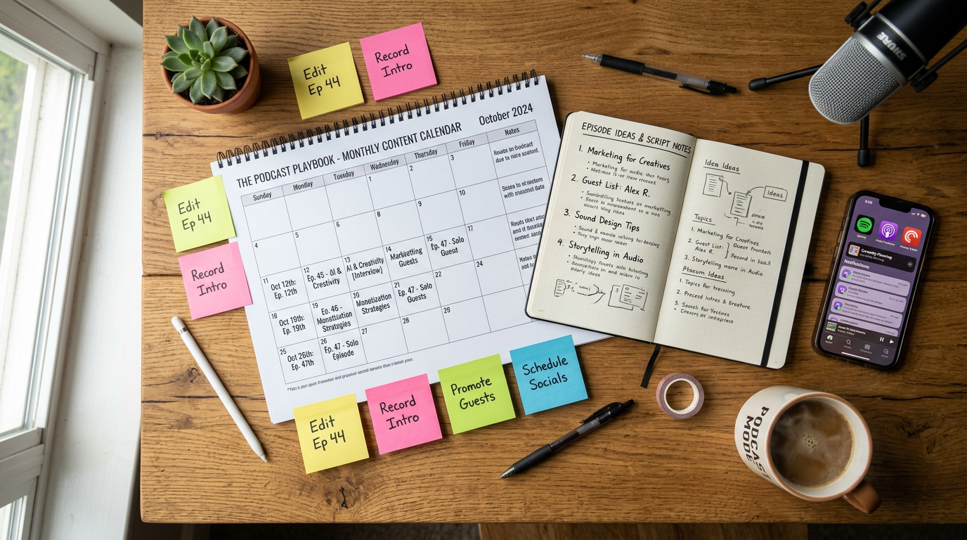 Overhead view of podcast planning materials spread on a desk including a content calendar, notebook with episode ideas, 