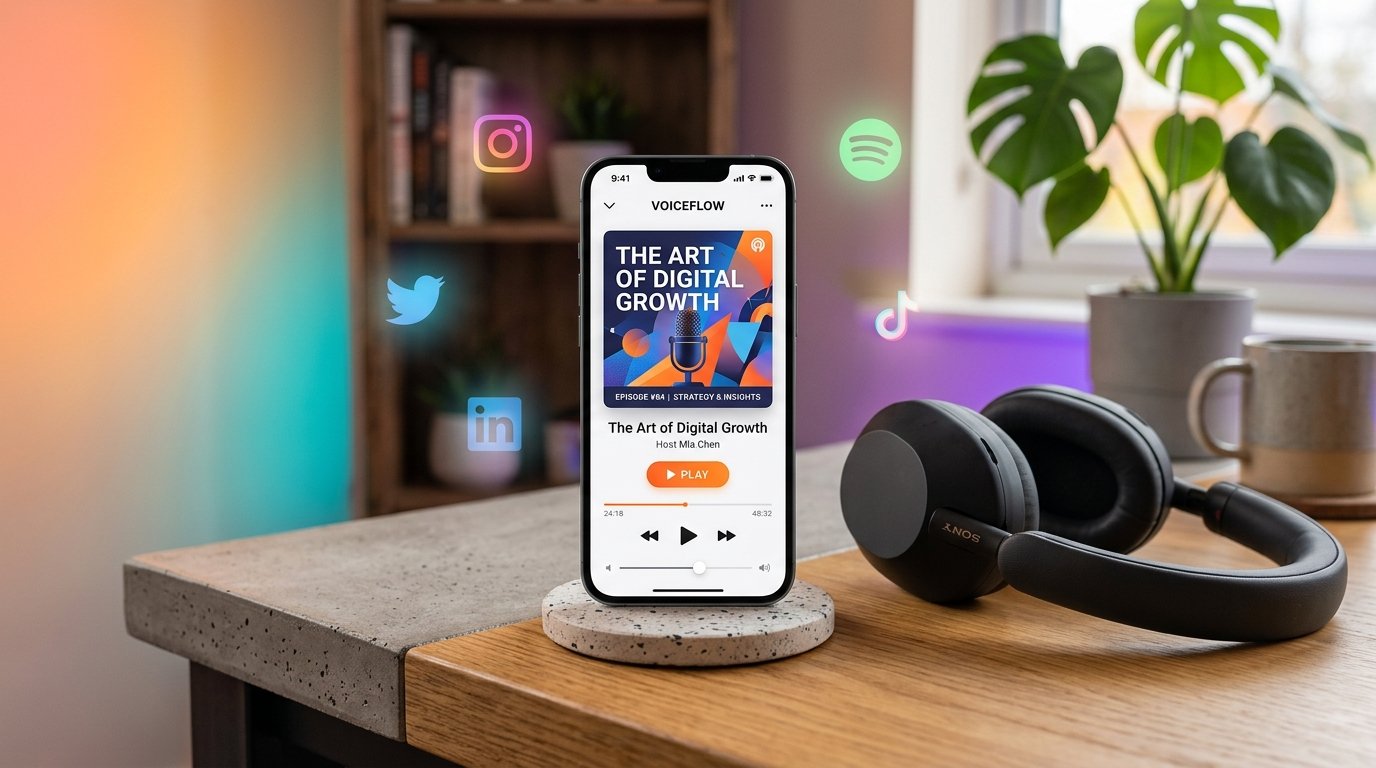 Modern smartphone displaying a podcast app with episode artwork and play button, headphones resting beside it, social me