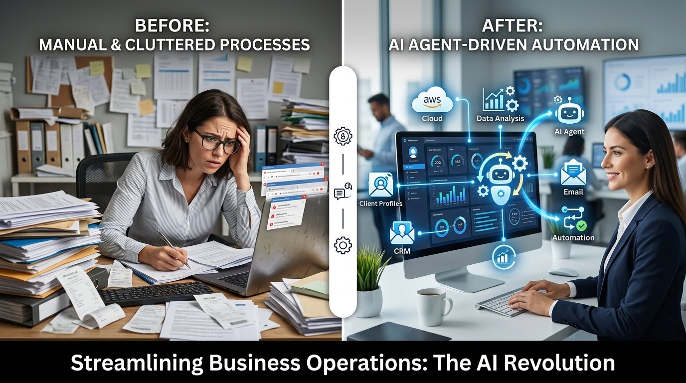 Split-screen visualization showing before and after implementing AI agents, with cluttered manual processes on one side