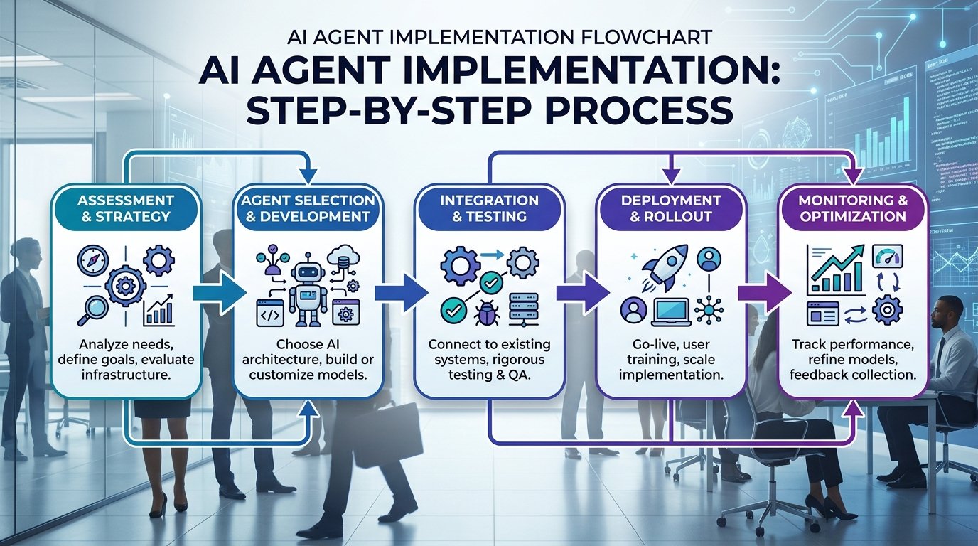 Flowchart diagram showing the step-by-step implementation process for AI agents, with connected boxes representing asses