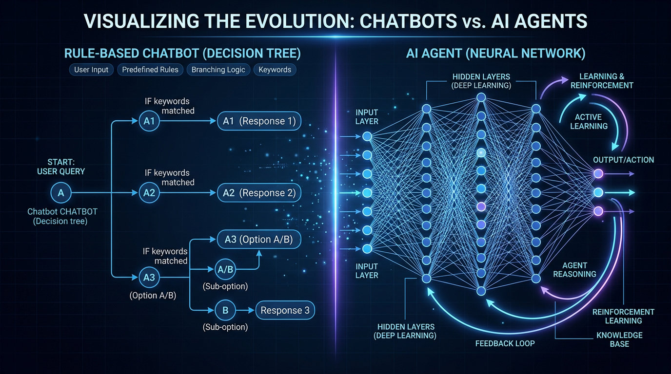 Split-screen visualization showing chatbot decision tree with simple branching paths on left side, and AI agent neural n