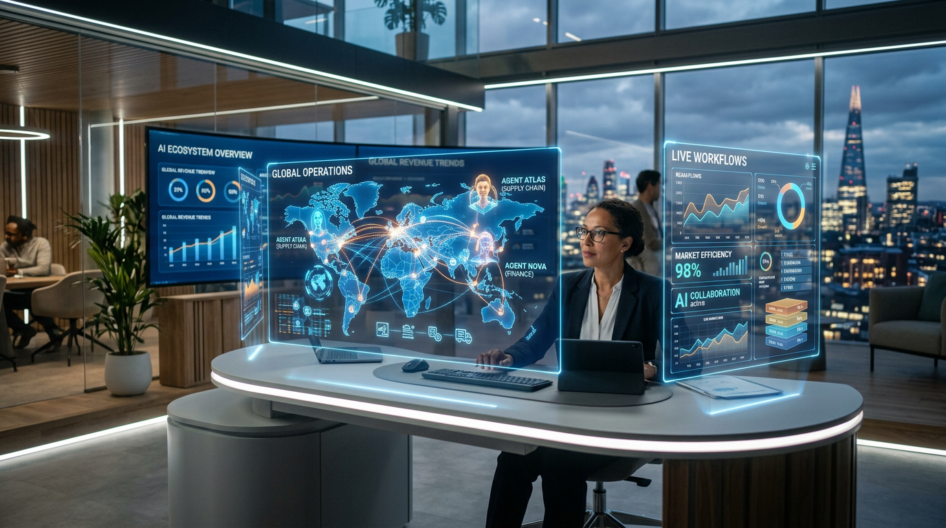 Futuristic workspace showing holographic displays of AI agents collaborating across global business operations, with dat