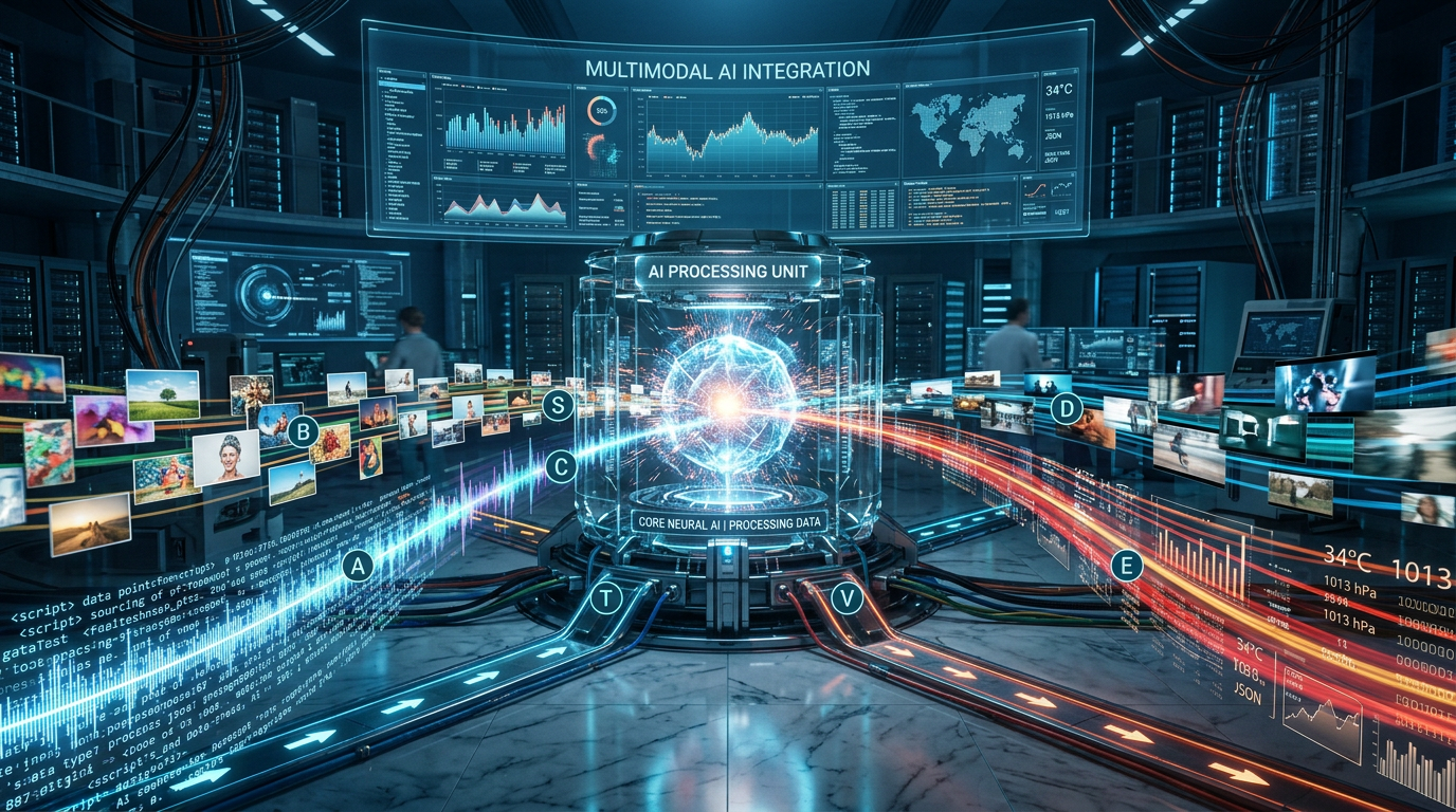 Detailed photorealistic visualization of different data modalities flowing into a central AI processing unit, showing co