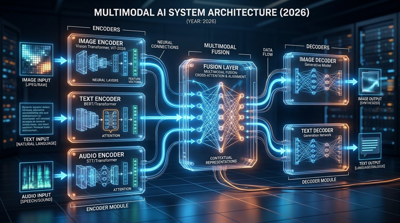 Photorealistic technical diagram showing the internal architecture of a multimodal AI system in 2026, featuring separate