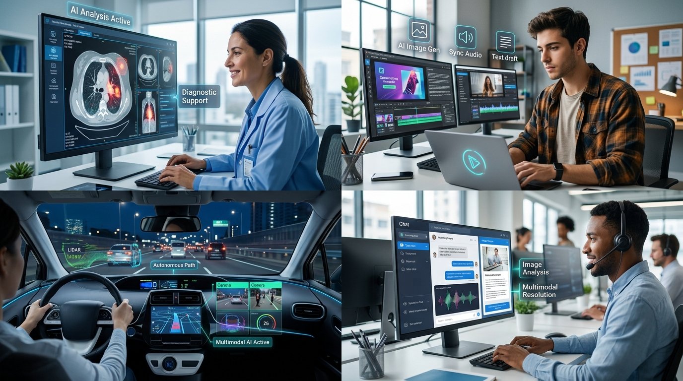 Photorealistic collage showing diverse real-world multimodal AI applications including a doctor analyzing medical scans 
