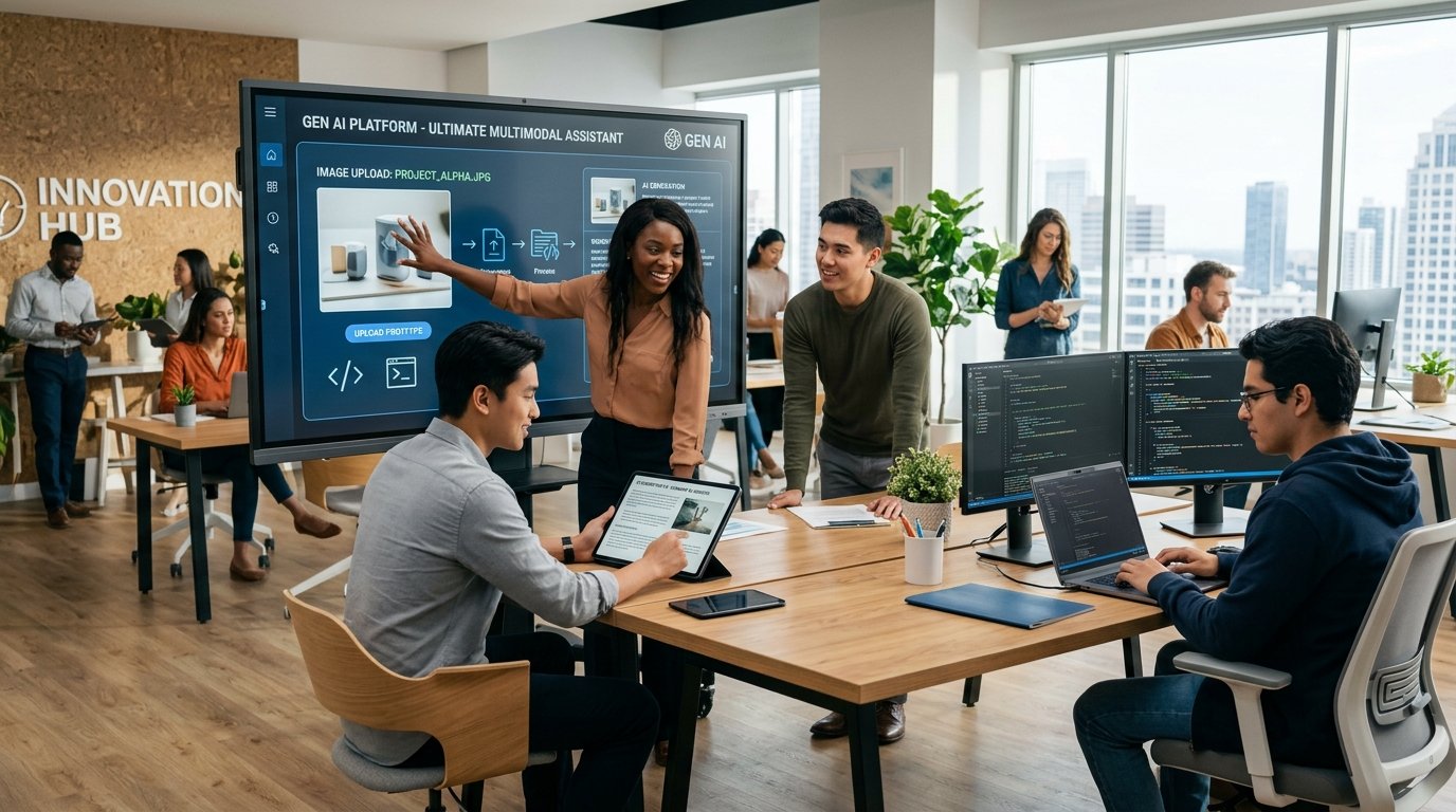 Photorealistic image of a diverse group of people in a modern collaborative workspace engaged with multimodal AI, showin