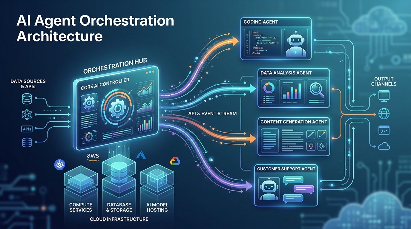 Technical diagram showing AI agent orchestration architecture with central control hub, multiple specialized AI agents c