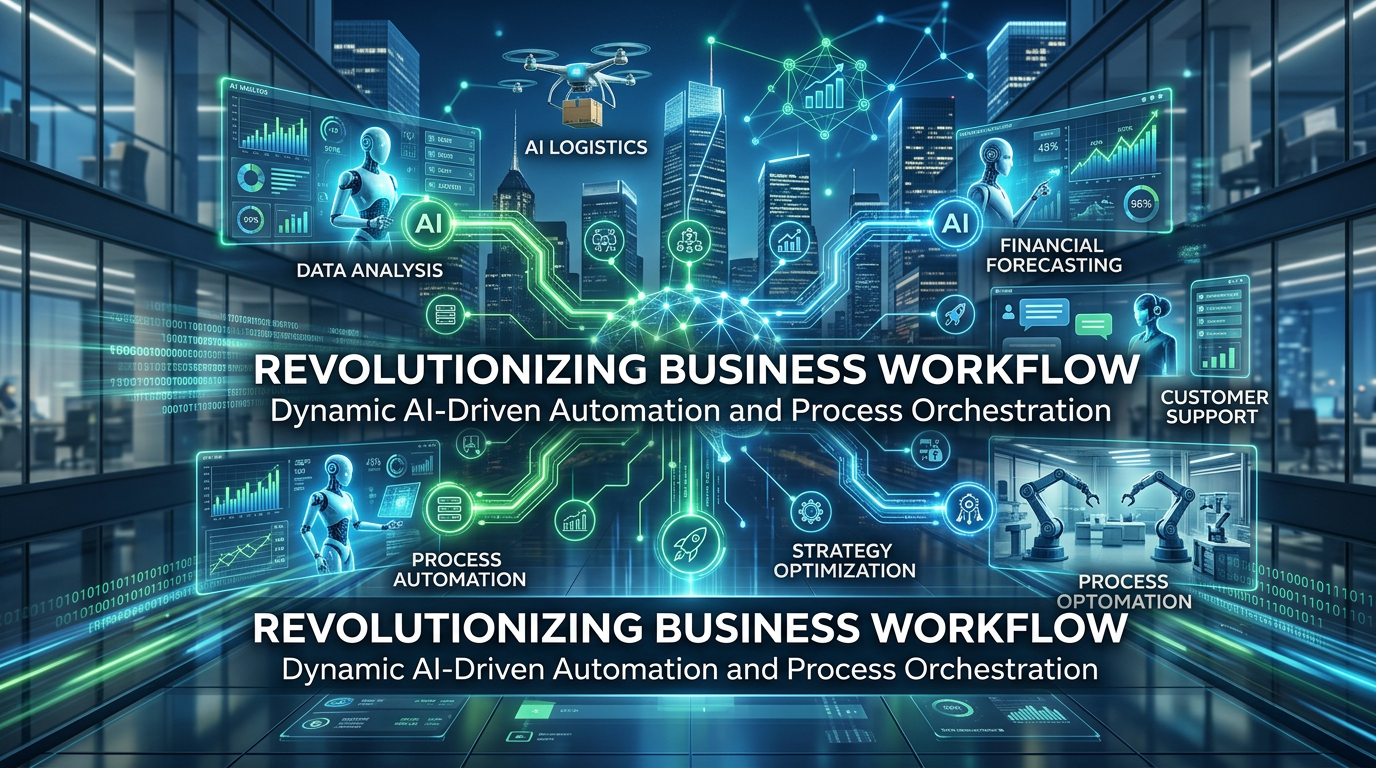 Futuristic business workflow visualization showing automated processes, AI agents handling different tasks simultaneousl