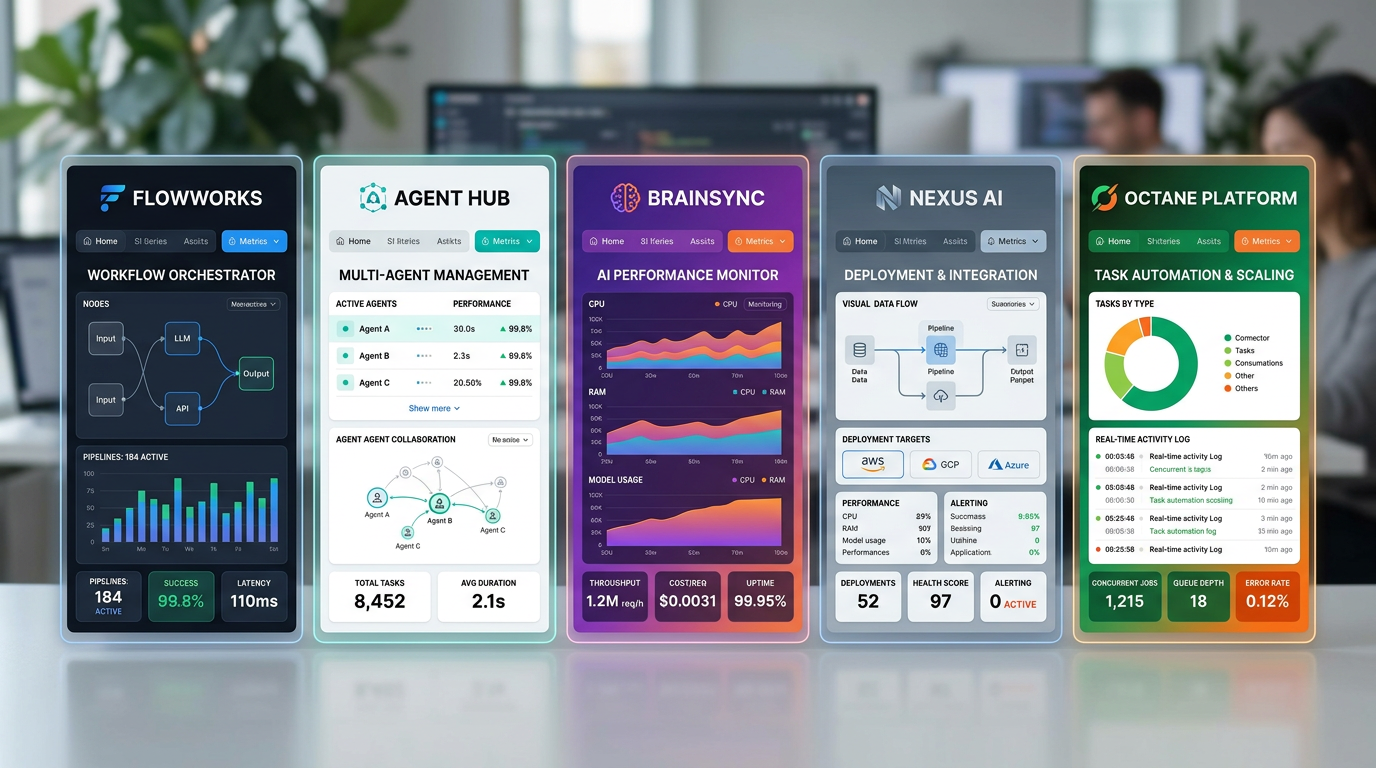 Comparison dashboard showing five different AI orchestration platform interfaces side by side, each with distinct visual