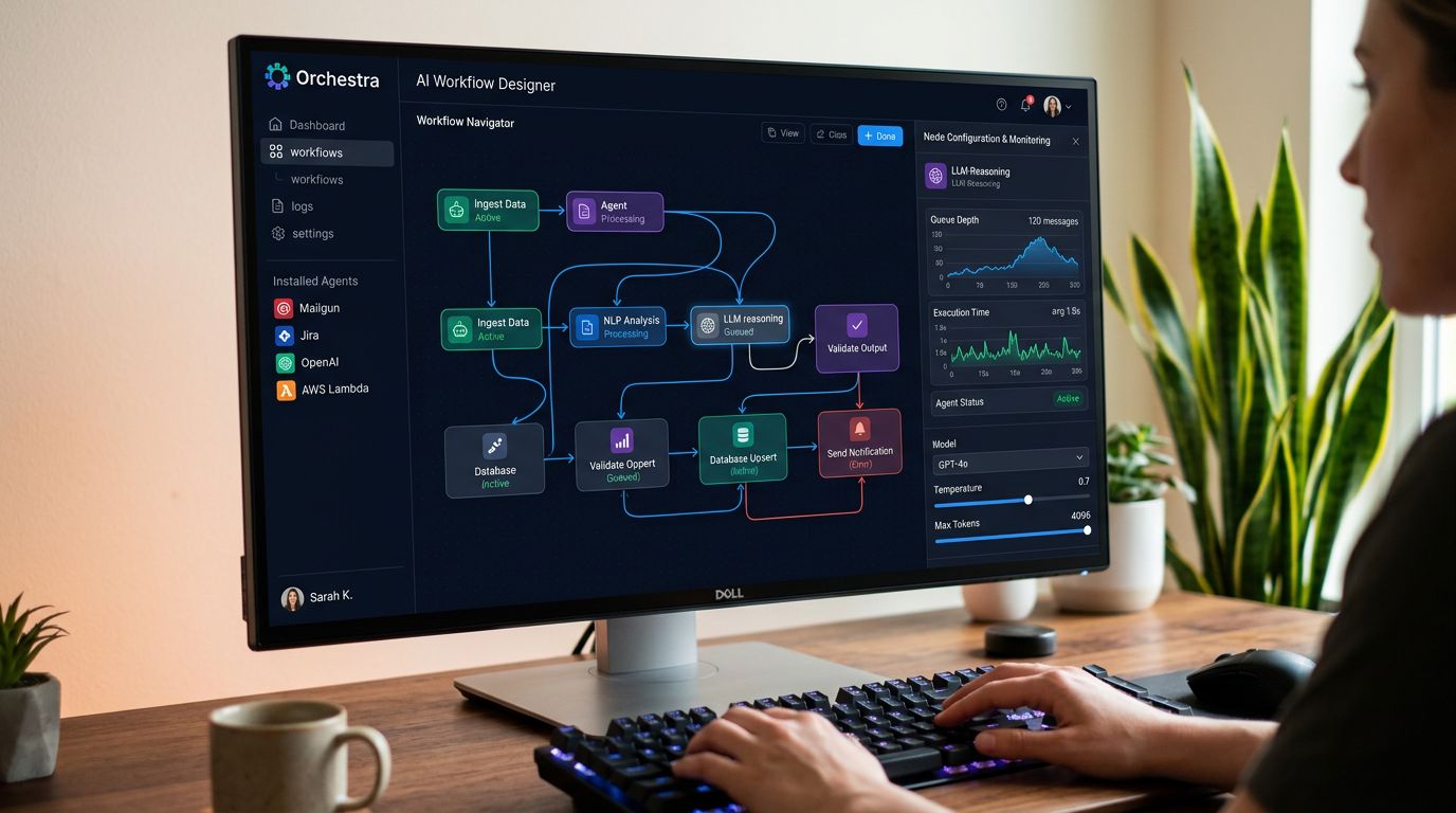 Close-up view of a modern orchestration platform user interface showing workflow designer with connected agent nodes, co