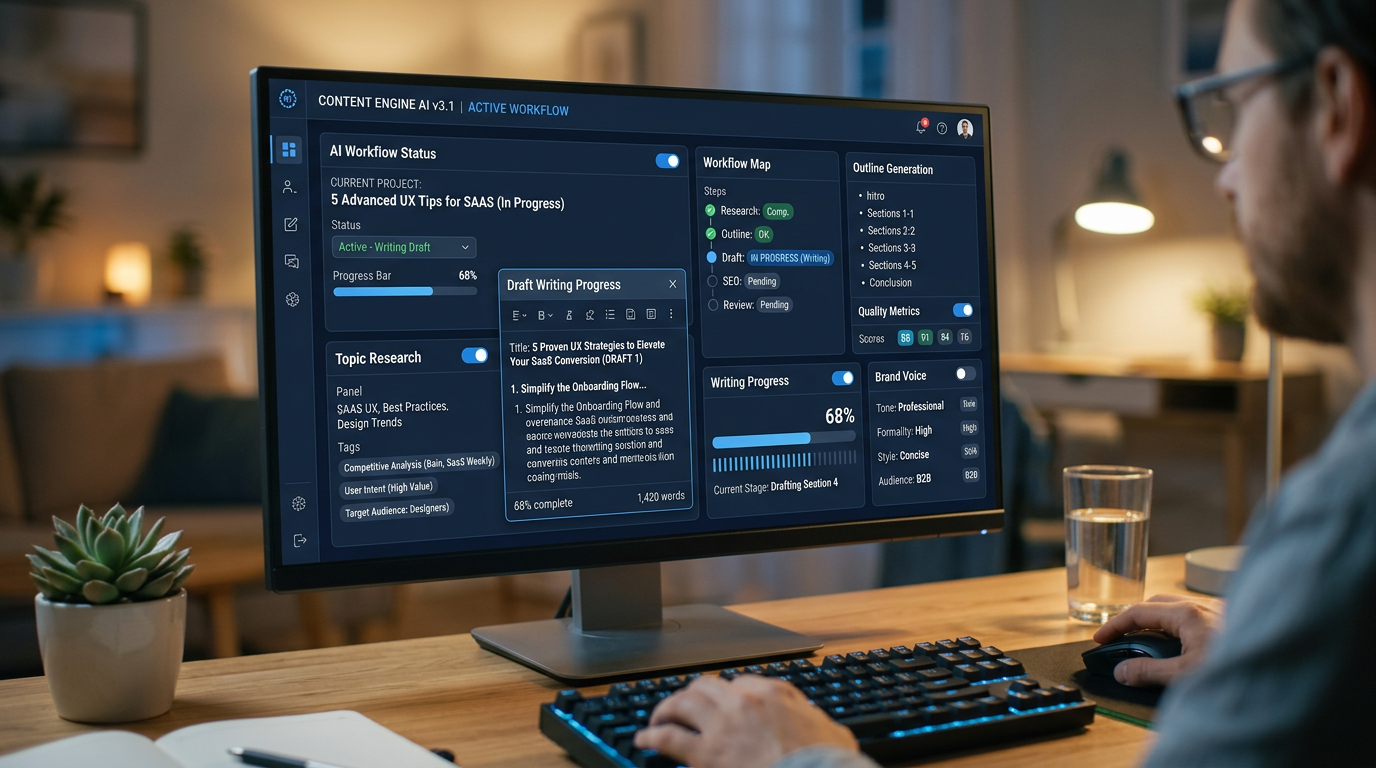 Close-up photorealistic image of a digital dashboard interface showing an AI content creation agent at work, with visibl