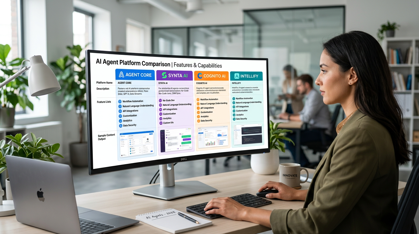 Photorealistic image showing a comparison grid of different AI agent platforms on a large monitor, with logos, feature l