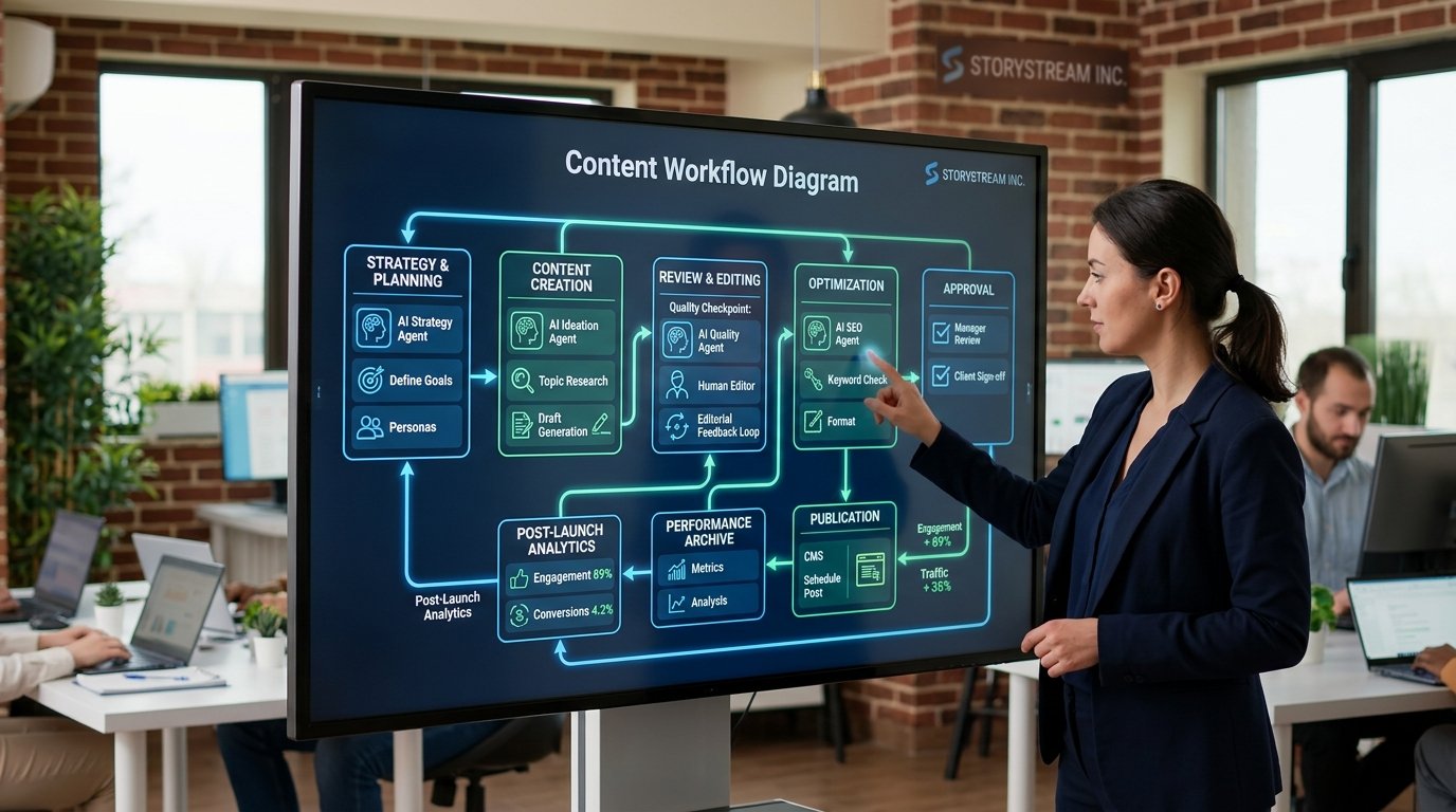 Photorealistic image of a content workflow diagram displayed on a large touchscreen monitor, showing interconnected stag