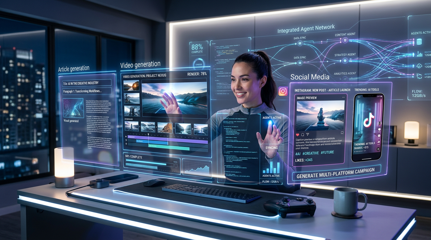 Futuristic photorealistic image showing an advanced AI content creation workspace with holographic displays, multiple co