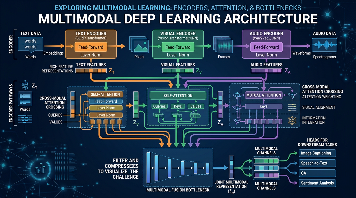 A detailed technical diagram showing separate encoder pathways for text, vision, and audio converging through attention