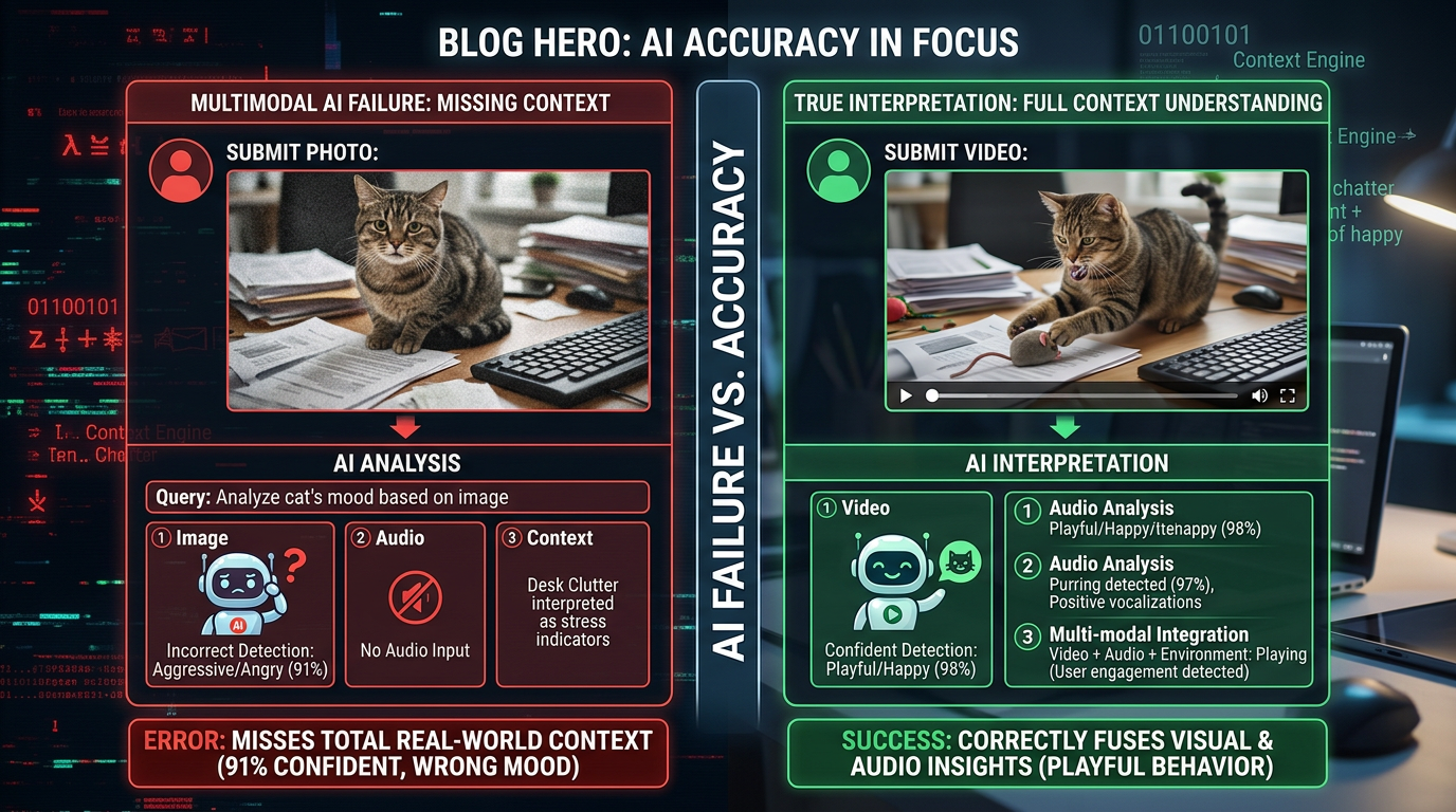 A split-screen showing a multimodal AI system making incorrect predictions on the left side versus correct interpretatio