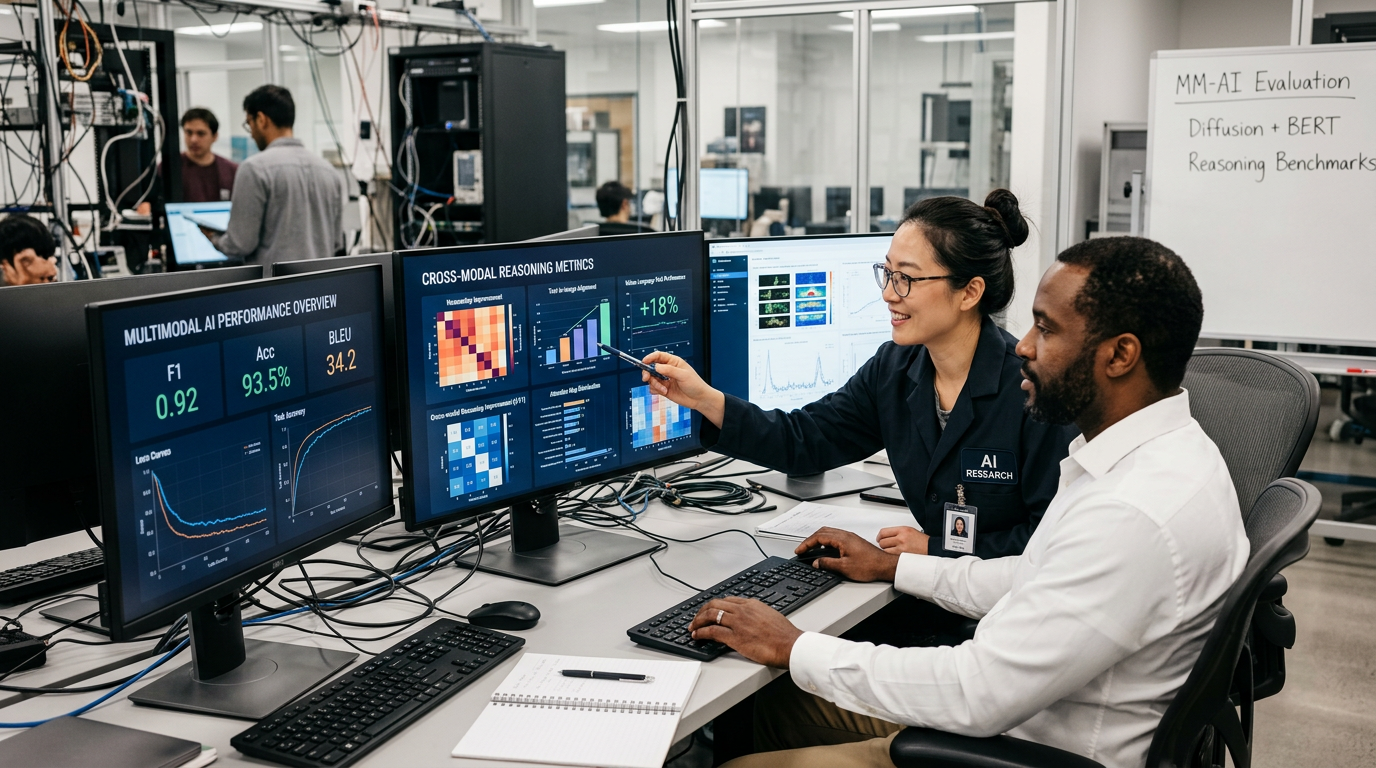 A research laboratory environment showing scientists analyzing multimodal AI model performance metrics on multiple monit