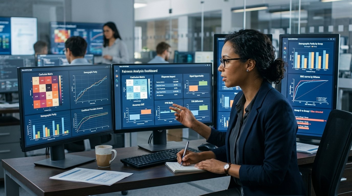 Data scientist at workstation examining algorithmic bias detection results, with multiple computer monitors displaying f