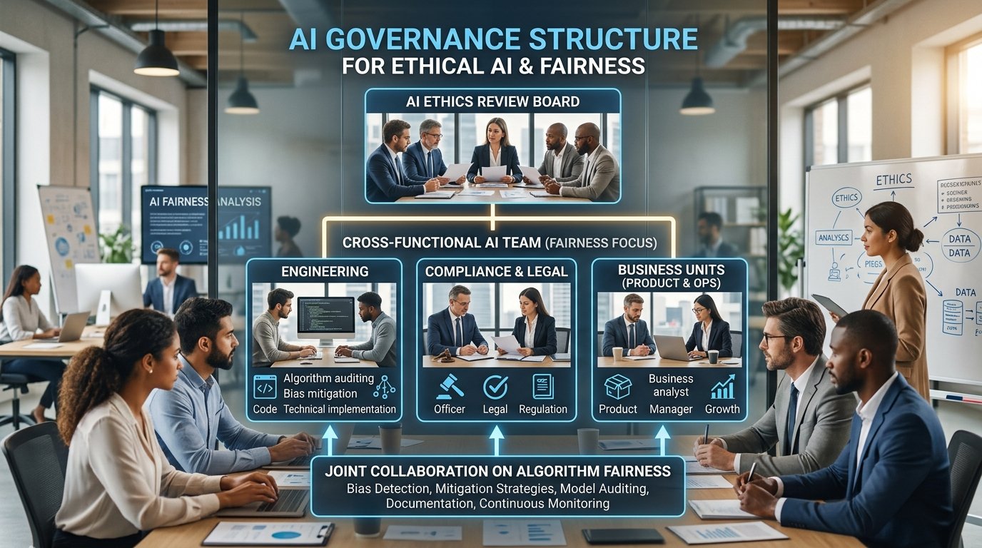 Organizational chart showing AI governance structure with ethics review board, cross-functional team members from engine