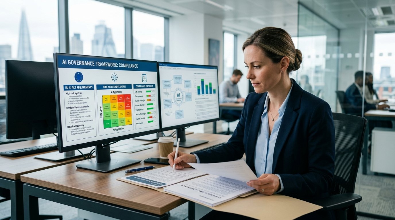 Compliance officer reviewing regulatory documentation with AI governance framework on digital display, showing EU AI Act
