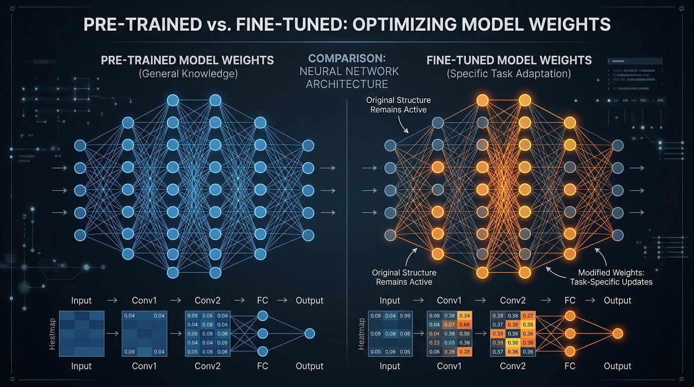 Side-by-side comparison showing pre-trained model weights versus fine-tuned model weights with highlighted parameter cha