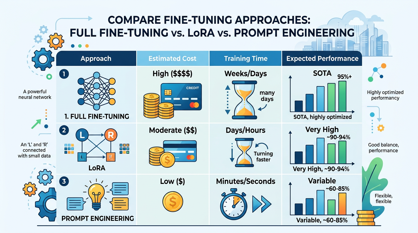 Comparison chart showing different fine-tuning approaches with cost, time, and performance metrics across full fine-tuni
