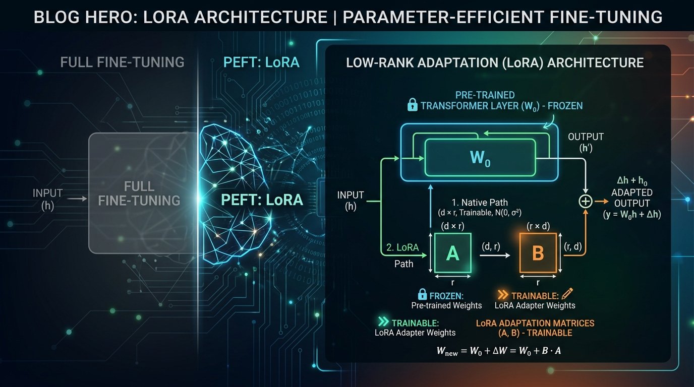 Technical diagram showing LoRA architecture with low-rank adaptation matrices applied to transformer layers, demonstrati